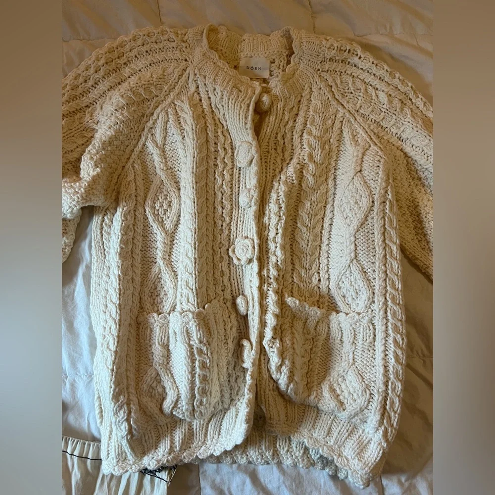 Doen Cream Chunky Cable Knit Cardigan Sweater - Picture 2 of 4